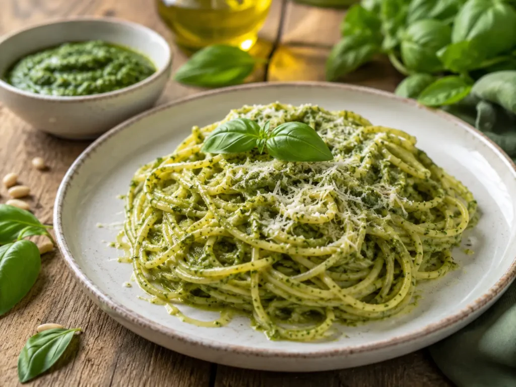 Pasta mit Pesto alla Genovese und etwas Nudelwasser cremig vermischt