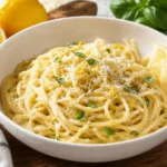 Pasta Zitrone mit cremiger Zitronensauce, Parmesan und Basilikum in einer weißen Schüssel