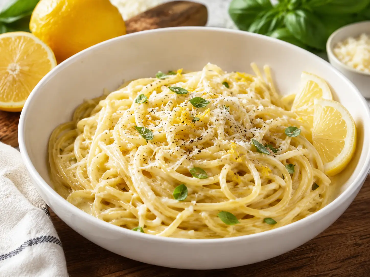 Pasta Zitrone mit cremiger Zitronensauce, Parmesan und Basilikum in einer weißen Schüssel