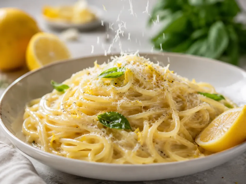 Cremige Pasta Zitrone mit Parmesan, Zitronenabrieb, Basilikum und schwarzem Pfeffer