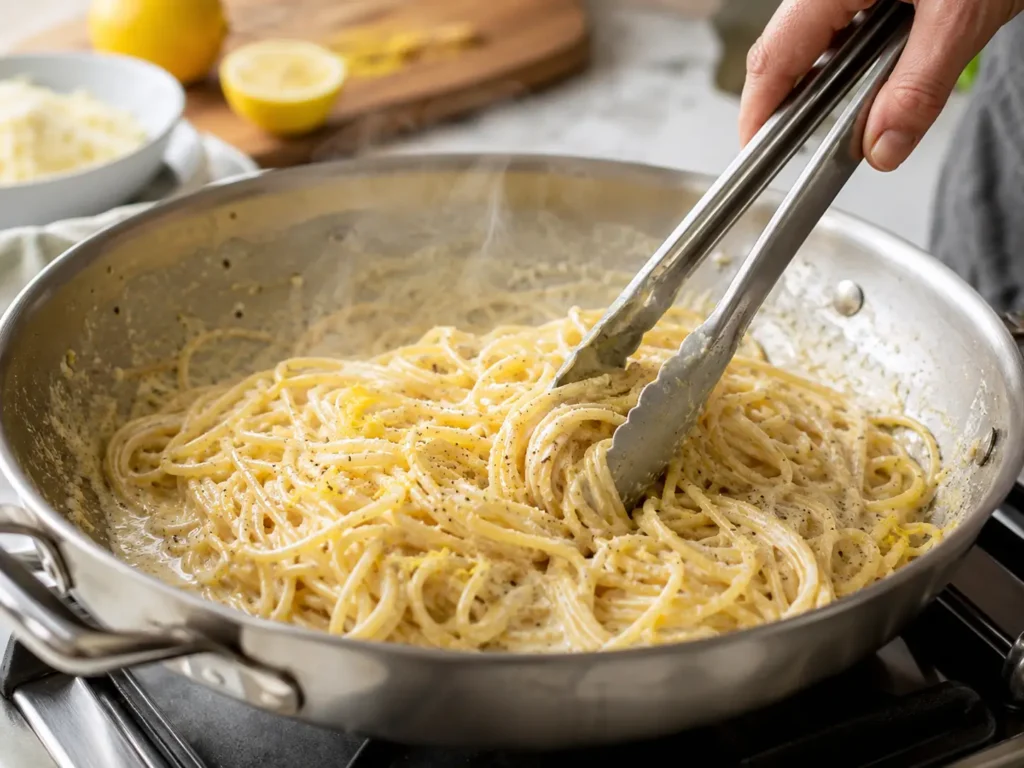 Spaghetti für Pasta Zitrone werden in der Pfanne mit Pastawasser und Parmesan cremig geschwenkt