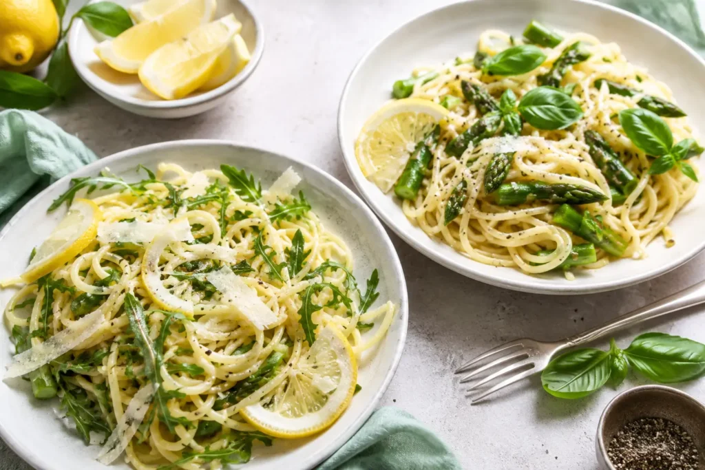 Pasta Zitrone Varianten mit Rucola und grünem Spargel