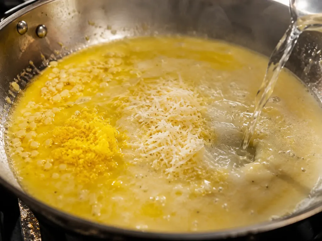 Cremige Zitronensauce für Pasta Zitrone mit Butter, Knoblauch, Zitronenabrieb und Parmesan