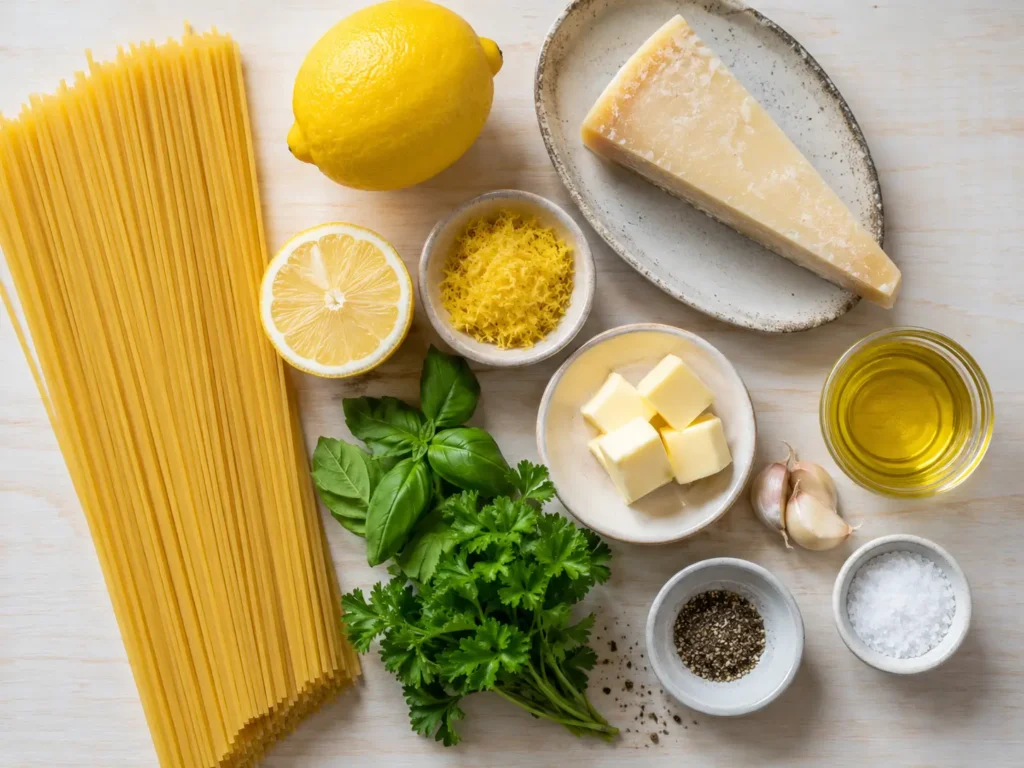 Zutaten für Pasta Zitrone mit Bio-Zitrone, Spaghetti, Parmesan, Butter und Knoblauch