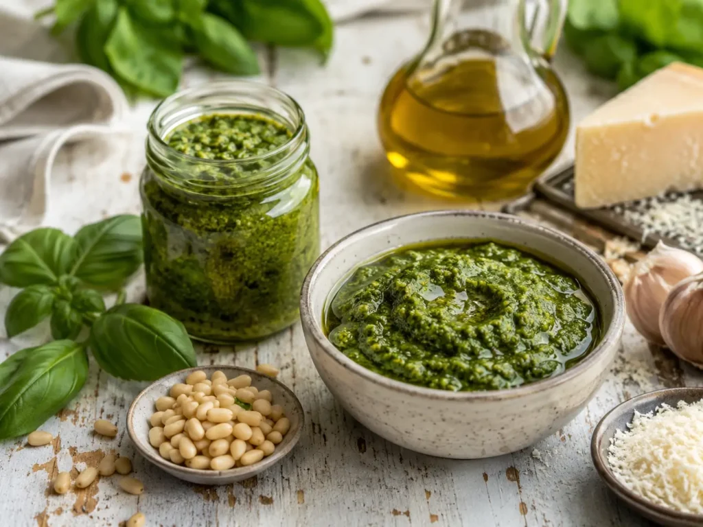 Pesto alla Genovese selber machen mit frischem Basilikum Pinienkernen Parmesan Pecorino und Olivenöl