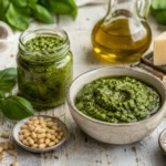 Pesto alla Genovese selber machen mit frischem Basilikum Pinienkernen Parmesan Pecorino und Olivenöl