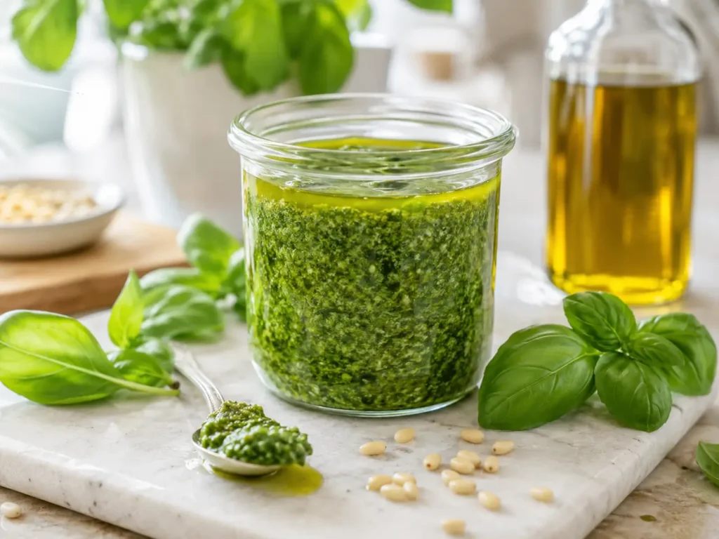 Pesto alla Genovese aufbewahren im Glas mit Olivenöl bedeckt für bessere Haltbarkeit