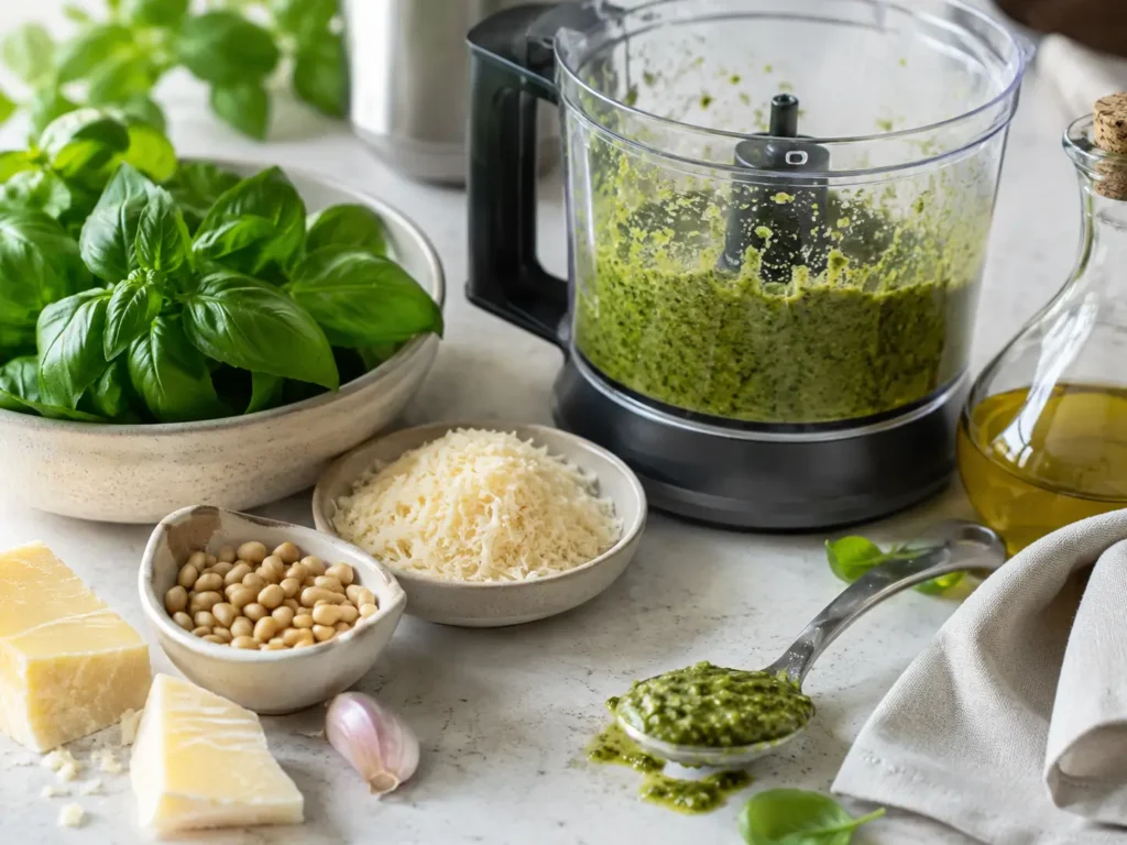 Pesto alla Genovese im Mixer selber machen mit Basilikum Pinienkernen Parmesan Pecorino und Olivenöl