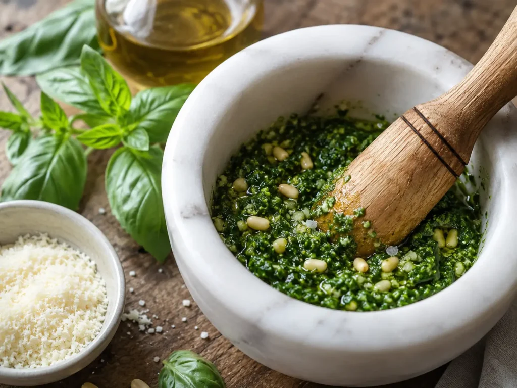 Pesto alla Genovese im Mörser zubereiten mit Basilikum Pinienkernen Knoblauch und grobem Meersalz