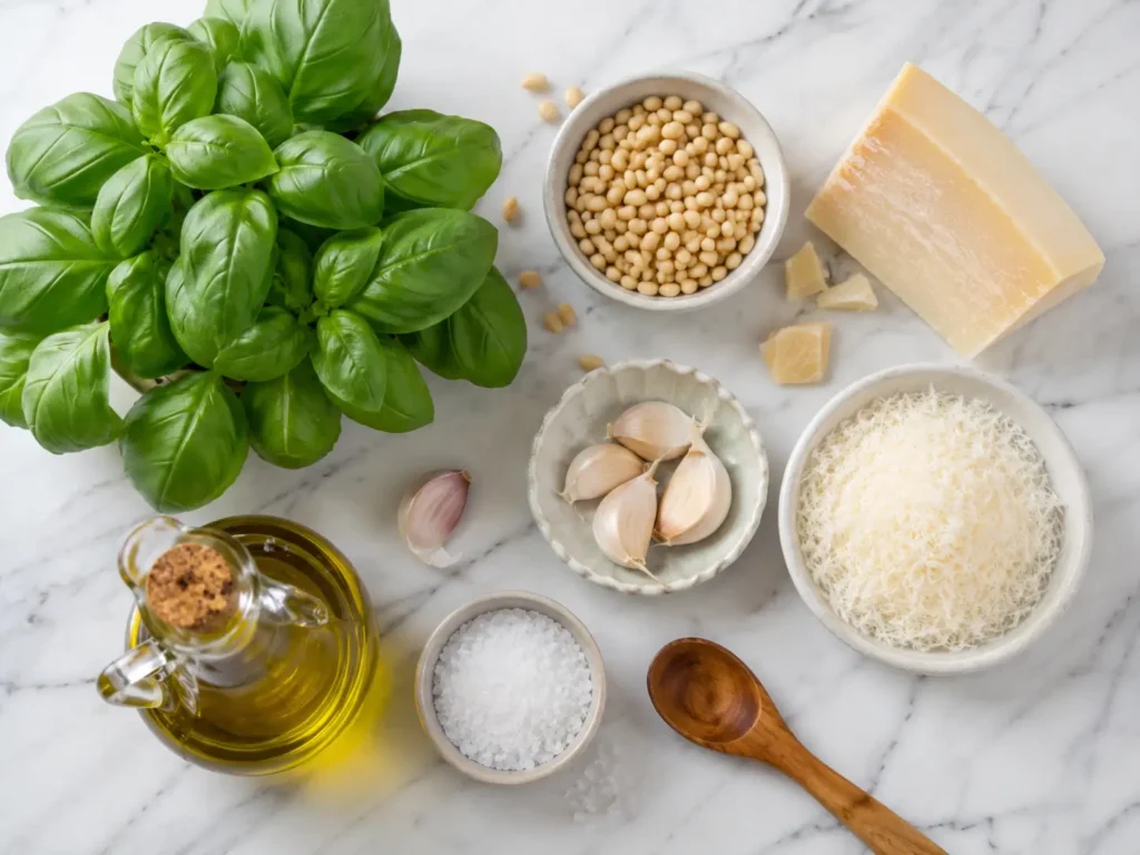 Zutaten für original italienisches Pesto alla Genovese mit Basilikum Olivenöl Pinienkernen Knoblauch Parmesan und Pecorino