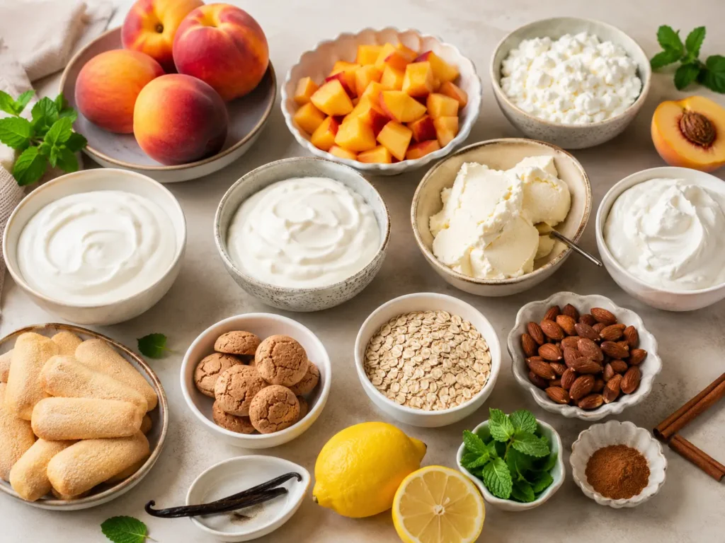 Zutaten für Pfirsich Dessert mit Quark, Joghurt, Mascarpone, Skyr, Butterkeksen, Amarettini, Vanille und Zitrone