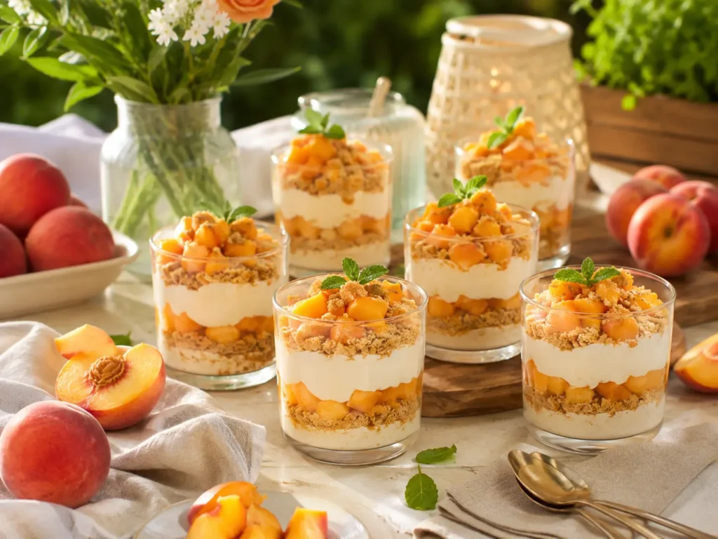 Pfirsich Dessert für Gäste im Glas auf sommerlichem Buffet mit Pfirsichen, Minze und kleinen Dessertlöffeln