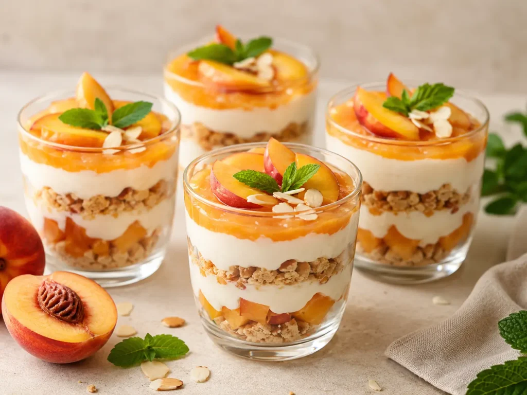 Pfirsich Dessert im Glas ohne Gelatine mit Quarkcreme, Pfirsichstücken, Keksbröseln und Minze