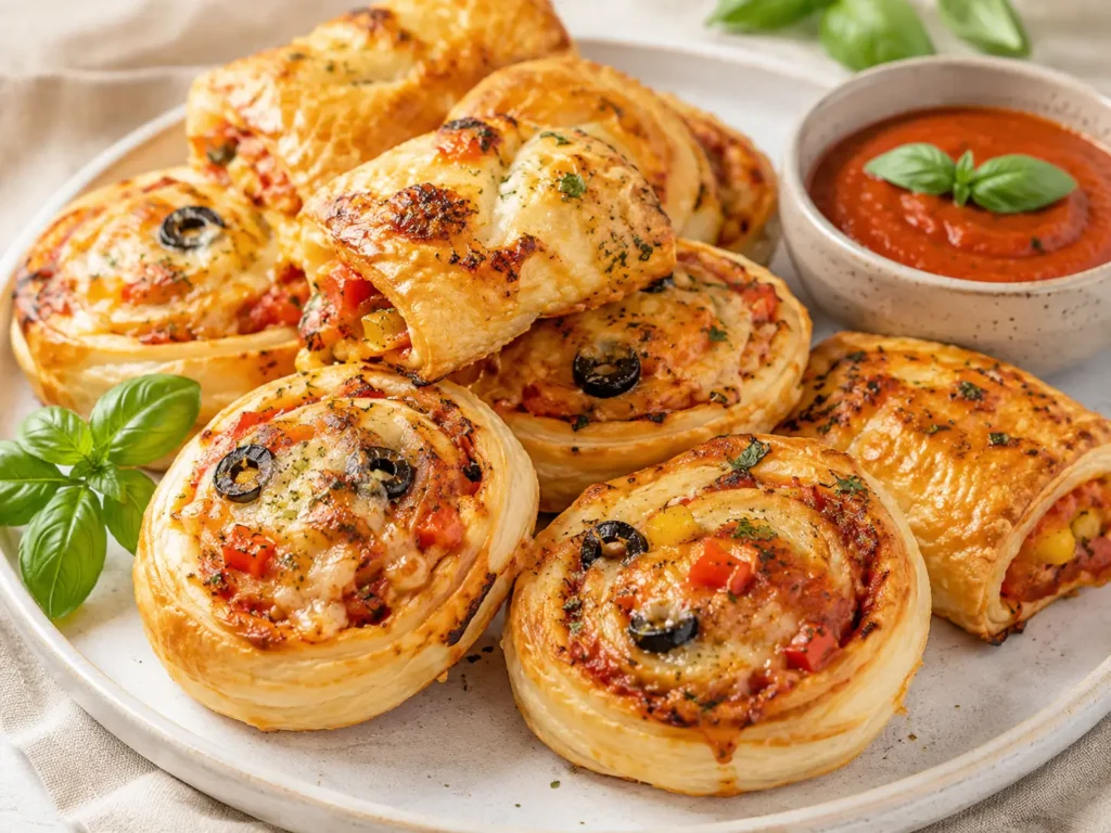 Pizzaschnecken vorbereiten als Fingerfood am Vortag mit Blätterteig, Käse, Tomatensauce und Kräutern
