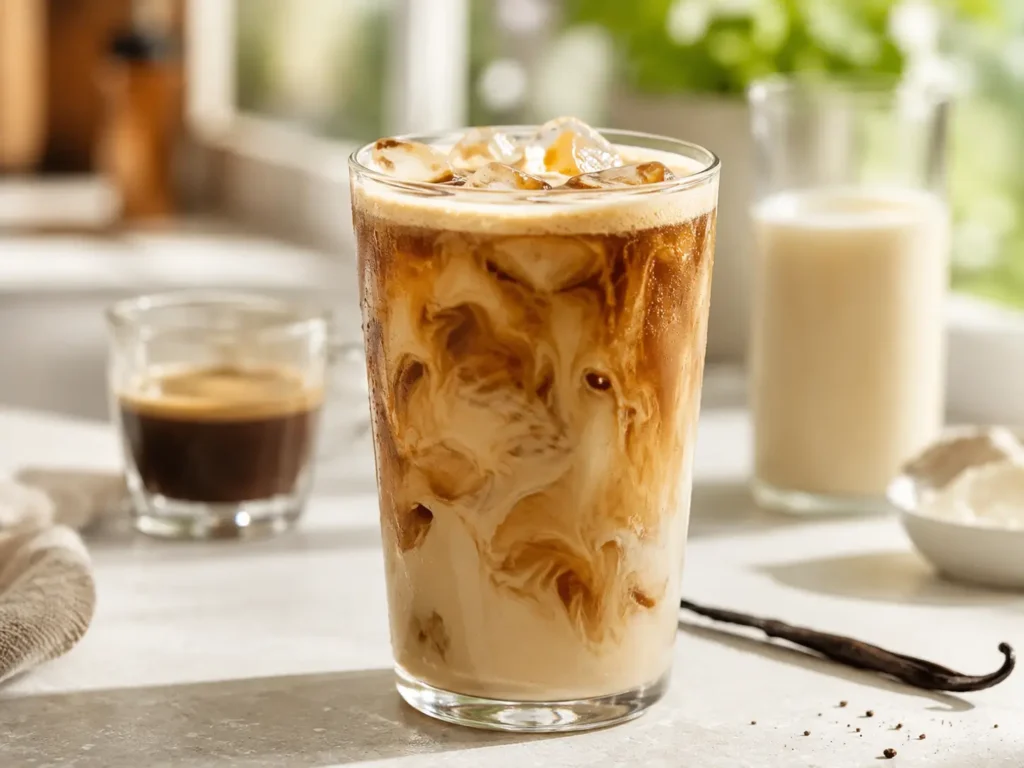 Protein Iced Coffee mit Espresso, Eiswürfeln und cremigem Vanille-Proteinshake
