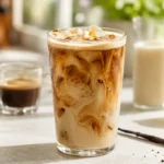 Protein Iced Coffee mit Espresso, Eiswürfeln und cremigem Vanille-Proteinshake