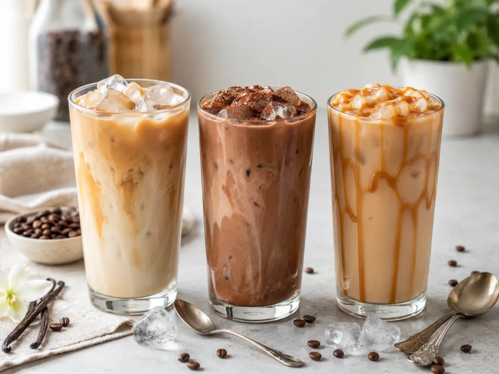 Drei Protein Iced Coffee Varianten mit Vanille, Schokolade und Karamell