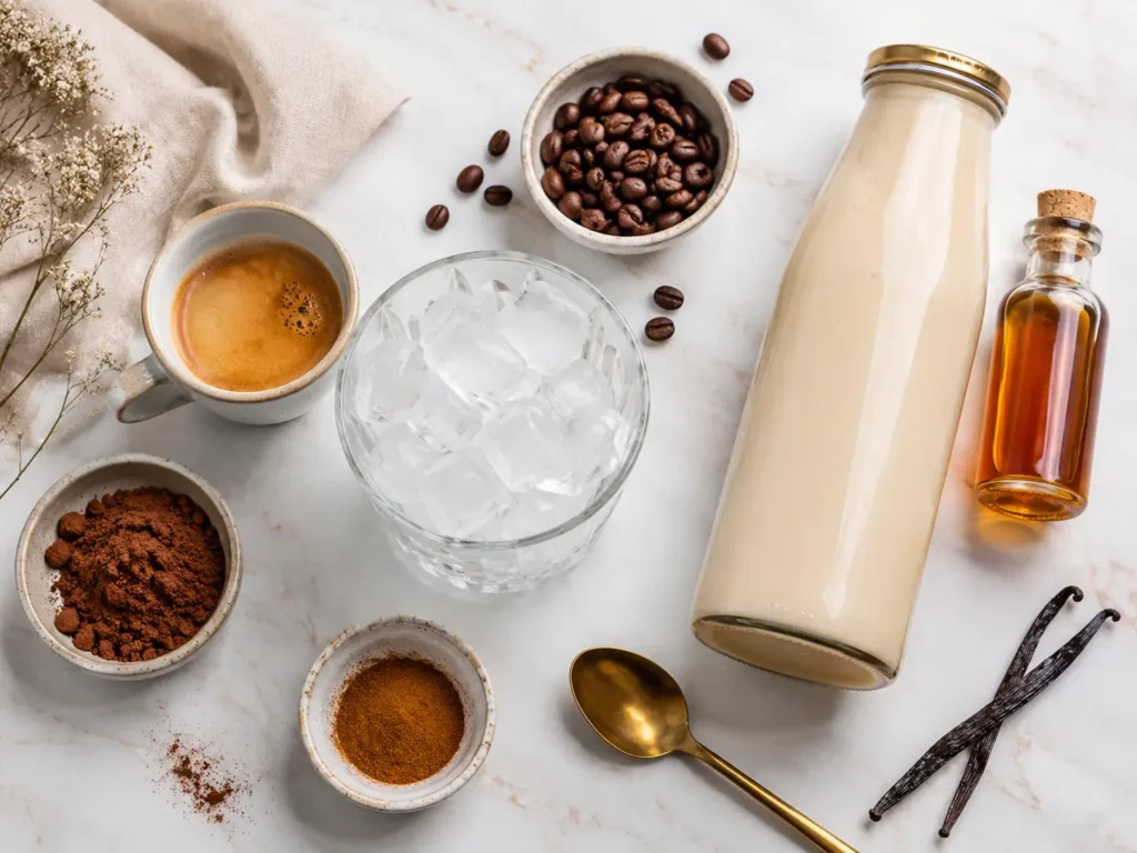 Zutaten für Protein Iced Coffee mit Espresso, Eiswürfeln, Proteinshake, Vanille und Zimt