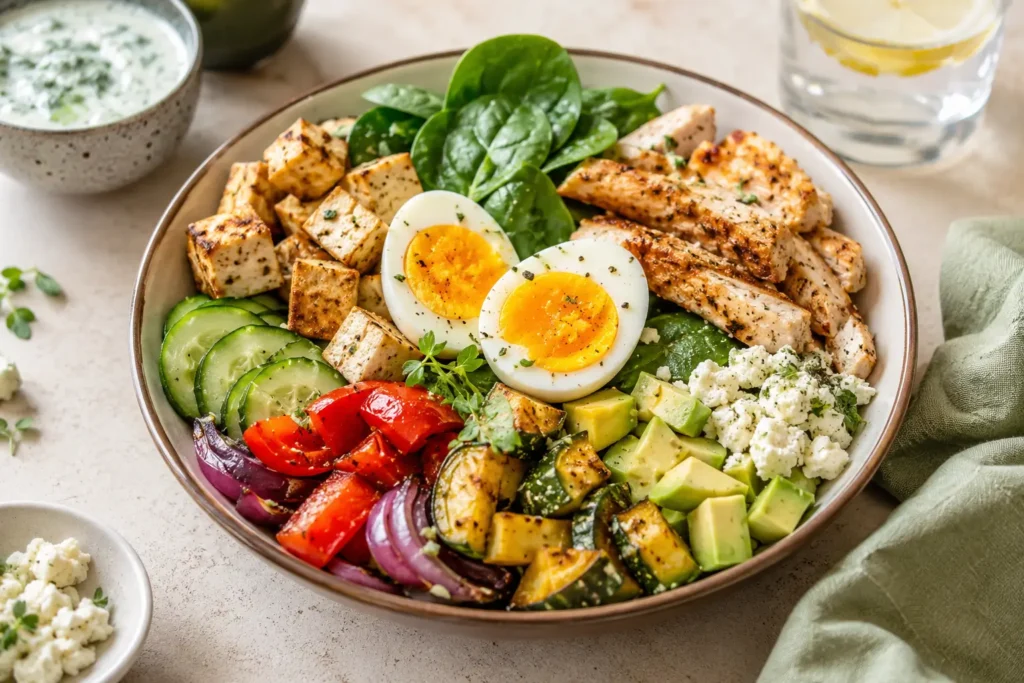 Proteinreiche schnelle Gerichte mit Gemüse, Ei, Tofu, Hähnchen, Feta und Salat