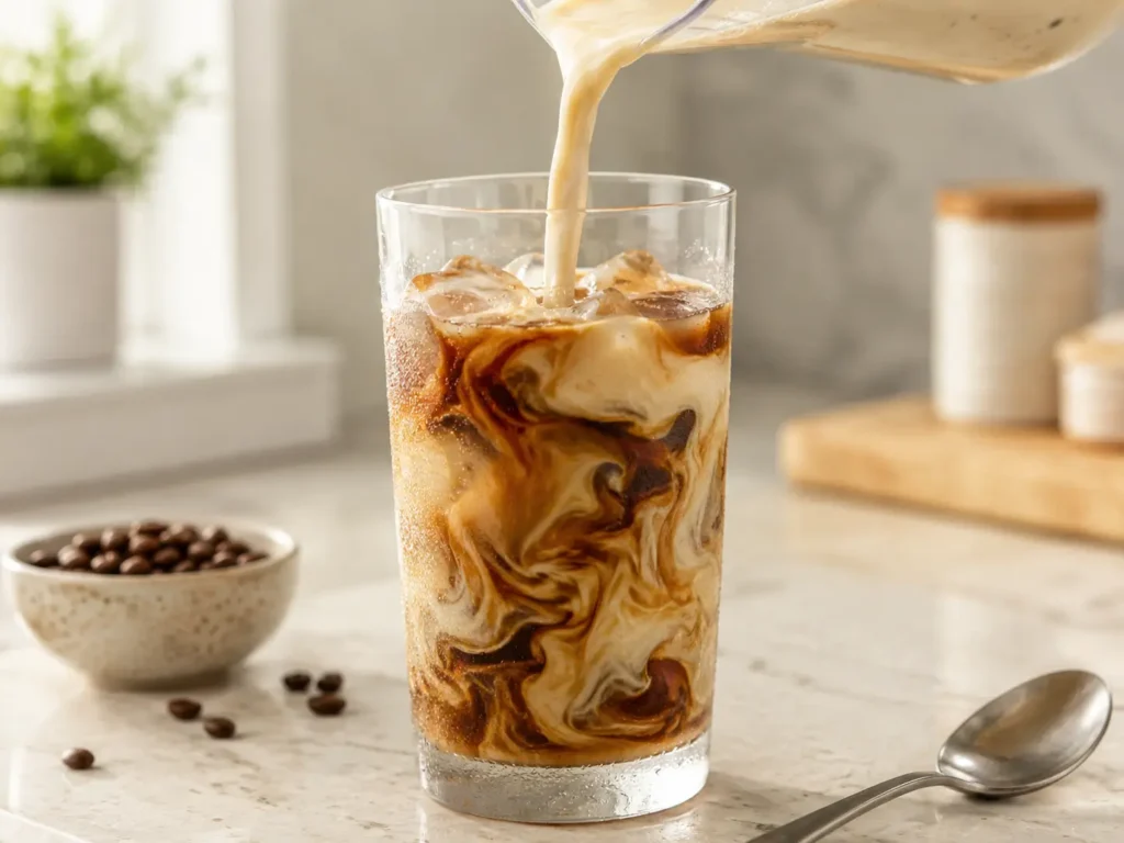 Proteinshake wird in kalten Kaffee mit Eiswürfeln eingerührt
