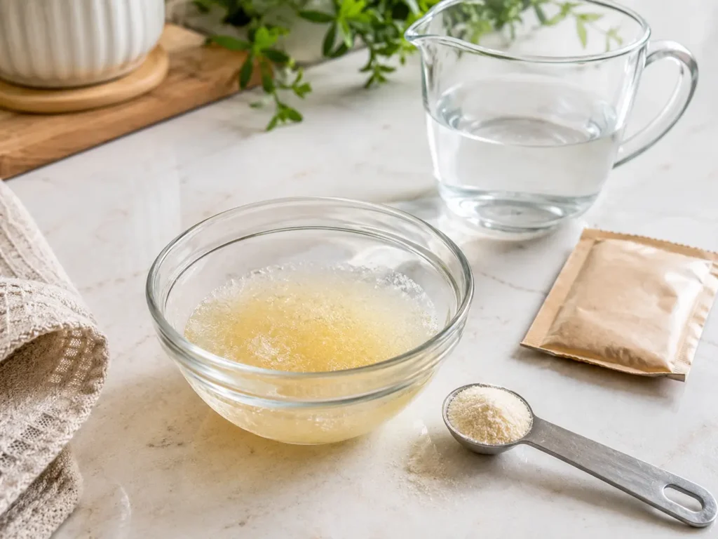 Pulvergelatine quillt in kaltem Wasser als Vorbereitung für Gelatine Masse
