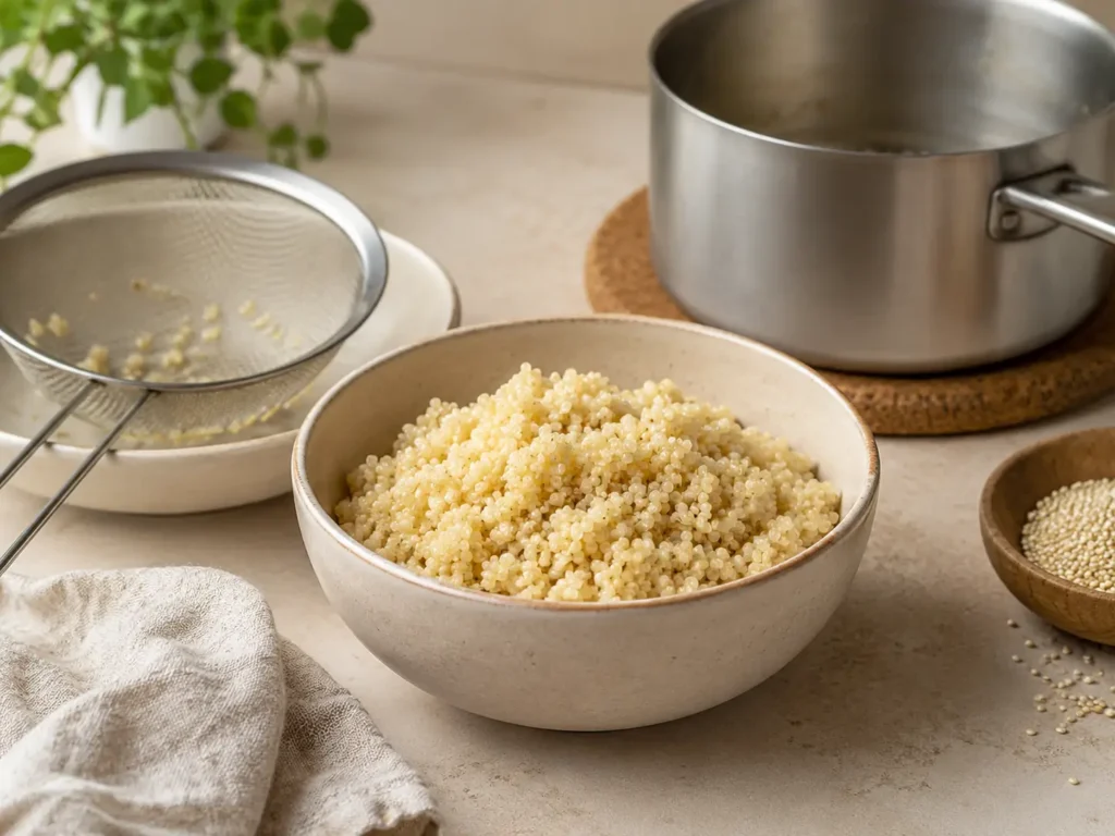 Quinoa für Salat waschen, kochen und für Salat mit Früchten abkühlen lassen