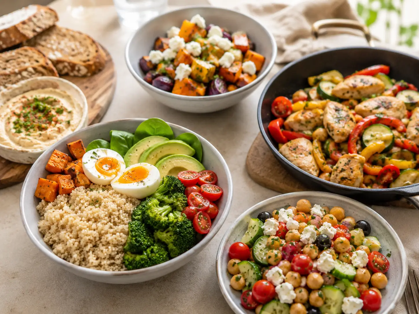 Rezepte Abendessen gesund mit bunten Bowls, Gemüsepfanne, Salat, Ofengemüse, Hähnchen und frischen Zutaten auf hellem Küchentisch