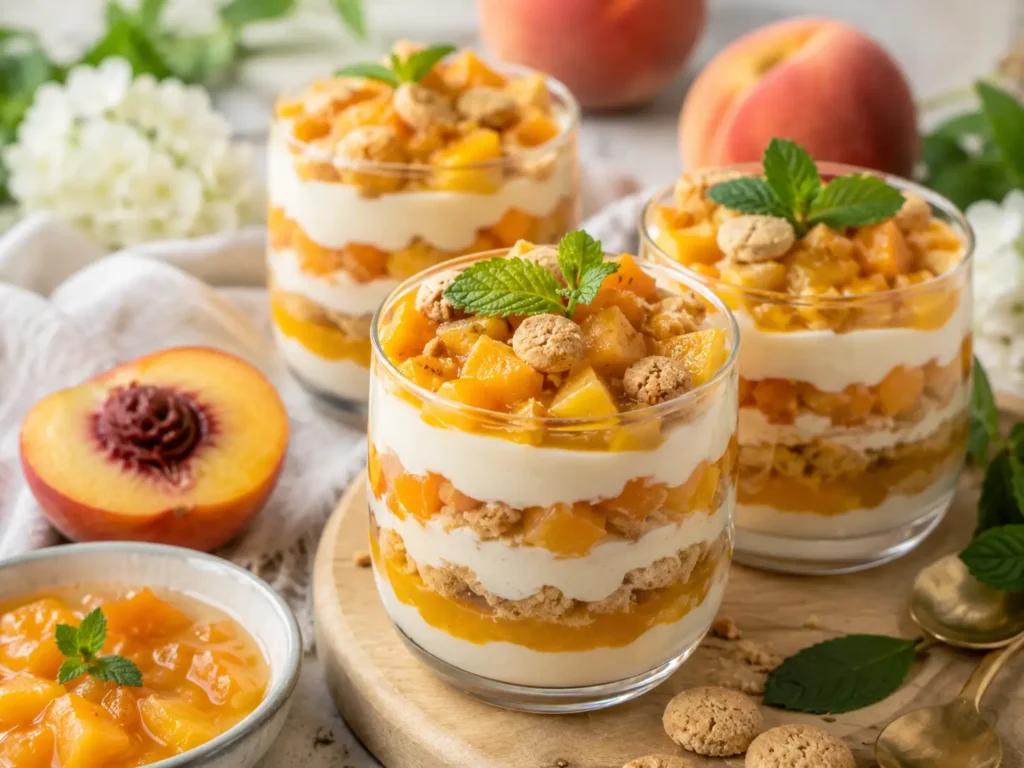 Rezepte für Pfirsich-Desserts mit cremigen Dessertgläsern, Pfirsichen, Quarkcreme, Keksbröseln und Minze auf hellem Sommertisch