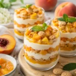 Rezepte für Pfirsich-Desserts mit cremigen Dessertgläsern, Pfirsichen, Quarkcreme, Keksbröseln und Minze auf hellem Sommertisch