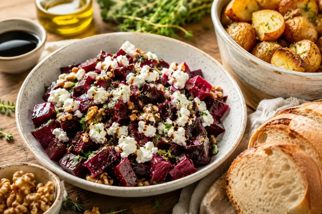 Rote-Bete-Salat mit Schafskäse als Beilage zu Ofenkartoffeln und Brot
