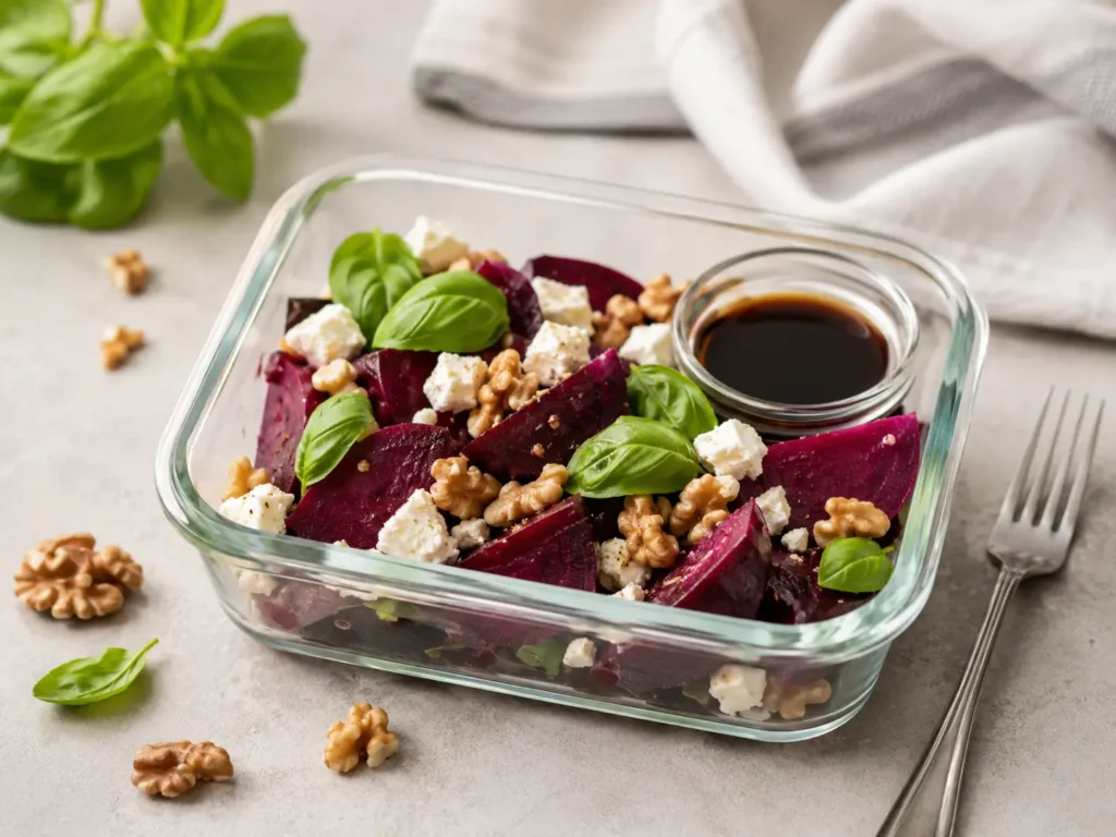 Rote-Bete-Salat mit Schafskäse und Walnüssen als Meal Prep in einer Lunchbox