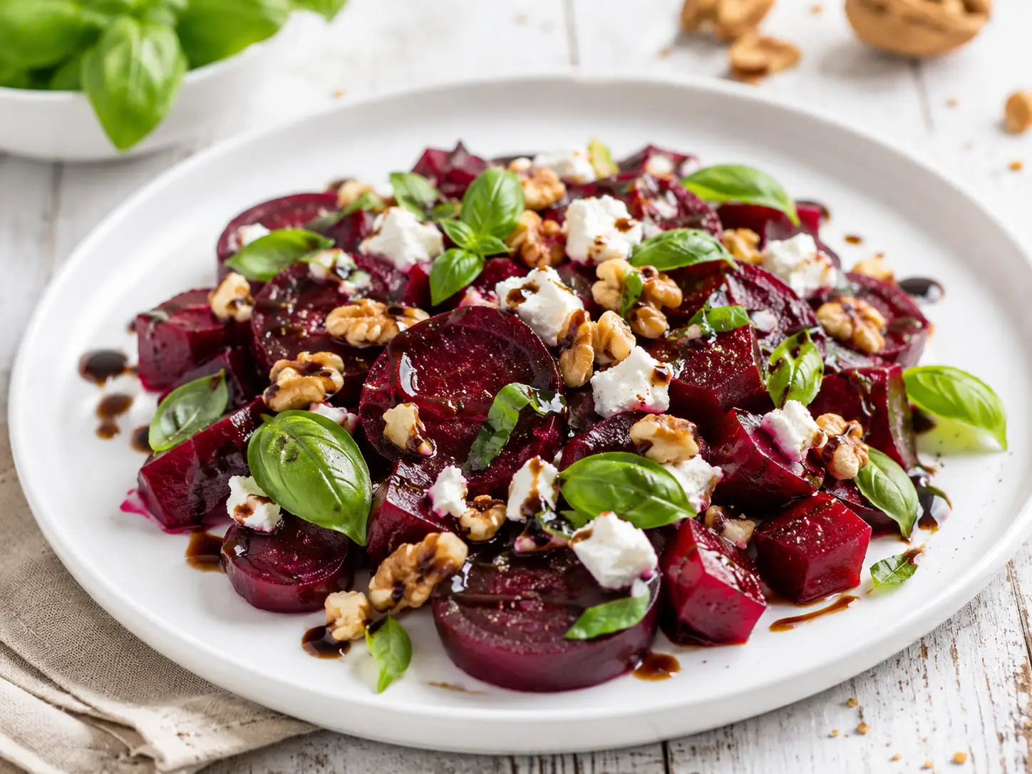 Rote-Bete-Salat mit Schafskäse, Walnüssen, Basilikum und Balsamico-Dressing