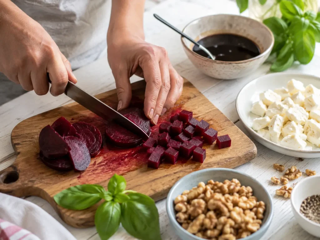 Gekochte Rote Bete wird für einen Rote-Bete-Salat mit Schafskäse geschnitten