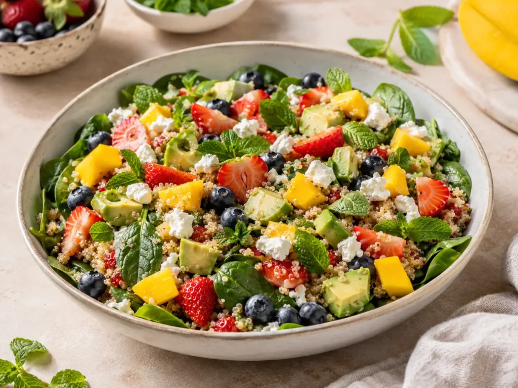Salat mit Früchten mit Quinoa, Avocado, Feta, Mango, Erdbeeren, Heidelbeeren und Babyspinat