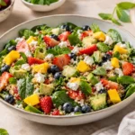 Salat mit Früchten mit Quinoa, Avocado, Feta, Mango, Erdbeeren, Heidelbeeren und Babyspinat