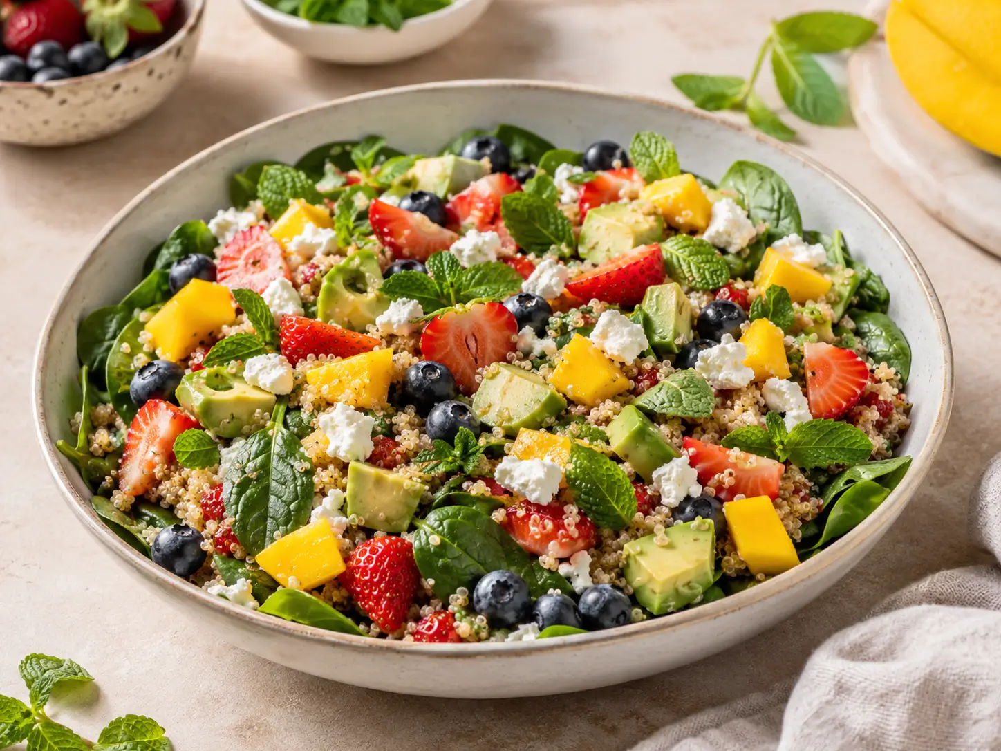 Salat mit Früchten mit Quinoa, Avocado, Feta, Mango, Erdbeeren, Heidelbeeren und Babyspinat