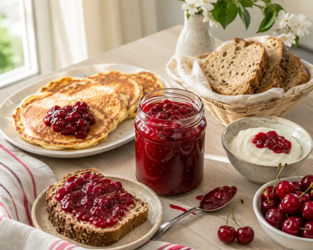 Sauerkirschmarmelade servieren mit Pfannkuchen Brot und Joghurt