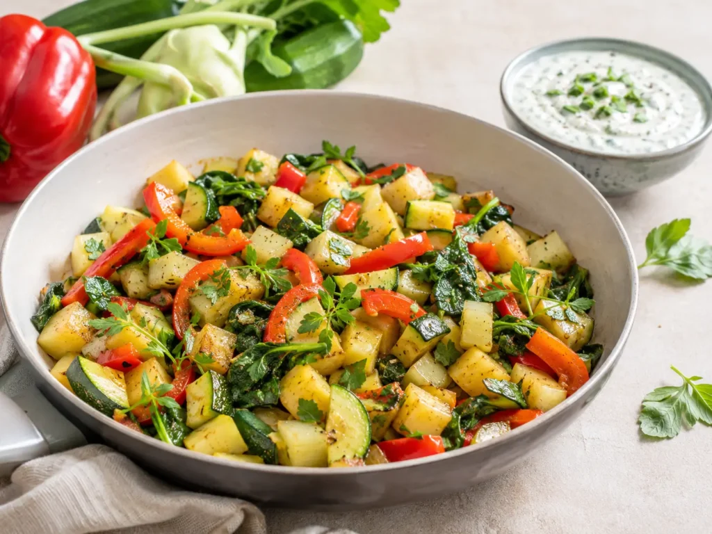 Schnelle Gemüsepfanne mit Zucchini, Paprika, Kohlrabi, Kartoffeln und Kräutern