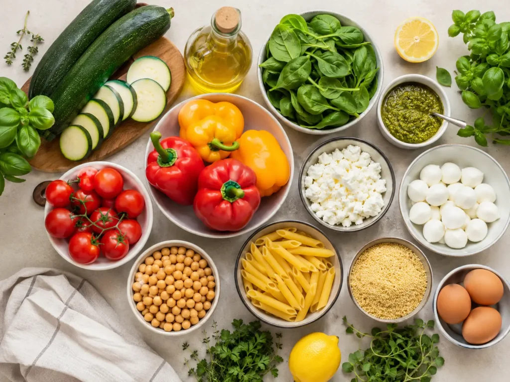 Einfache Zutaten für schnelle Gerichte mit Zucchini, Paprika, Tomaten, Pasta, Eiern, Feta, Kichererbsen und Pesto
