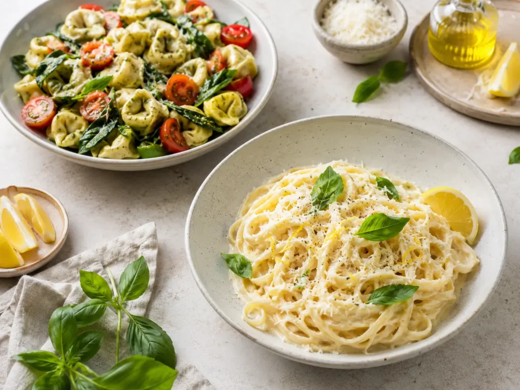 Schnelle Pasta mit Zitrone, Pesto-Tortellini, Tomaten, Spinat und Parmesan