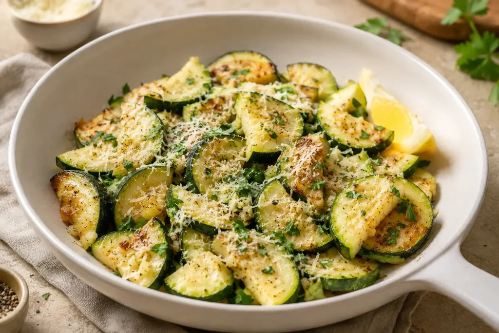 Schnelle Zucchini Pfanne mit Knoblauch Parmesan Kräutern und leicht gebräunten Zucchinischeiben