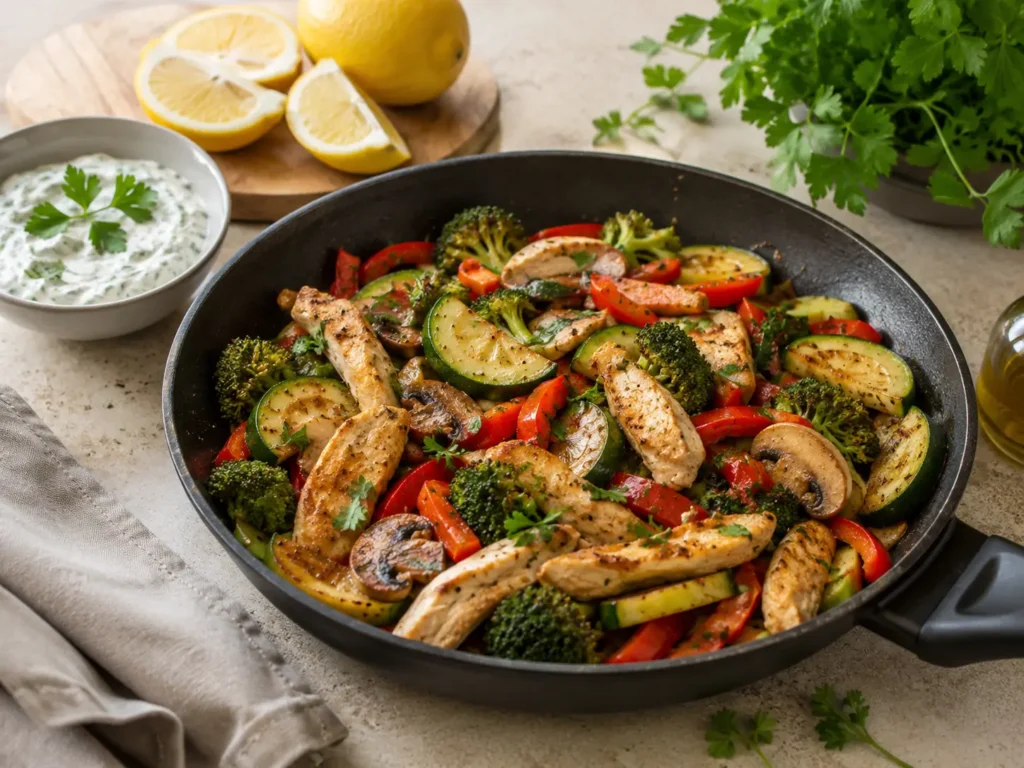 Schnelles gesundes Abendessen mit Gemüsepfanne, Hähnchen, Kräuterquark und frischen Zutaten in heller Küche