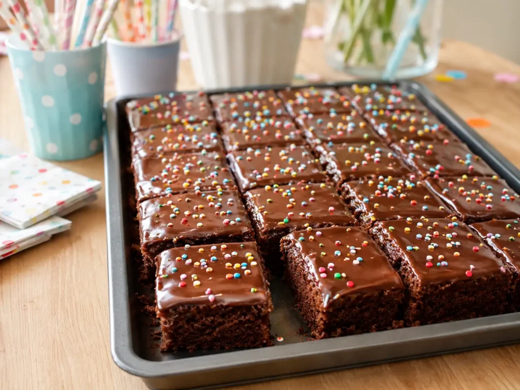 Schokokuchen vom Blech mit Schokoglasur und bunten Streuseln für Kindergeburtstag
