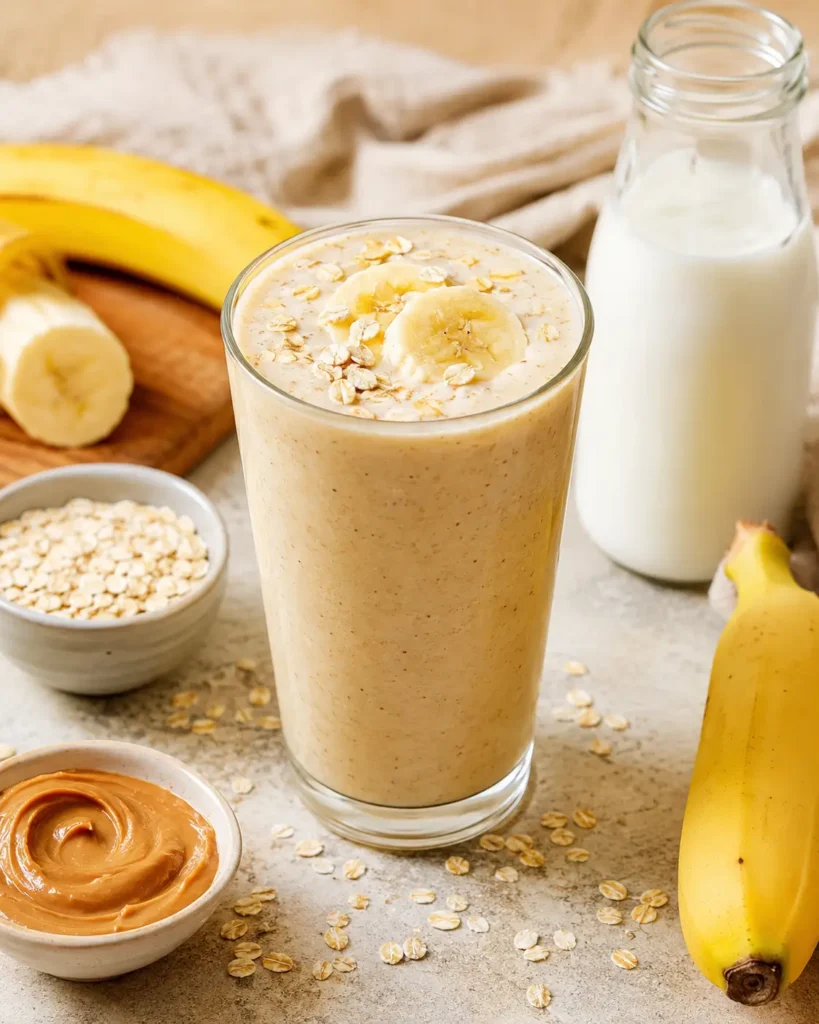 smoothie mit banane erdnussbutter haferflocken und milch