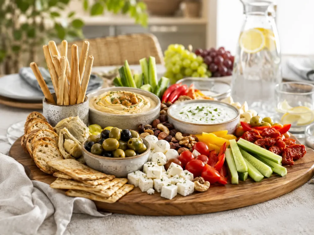Snackboard herzhaft mit Crackern, Gemüse, Käse, Dips, Oliven und Antipasti für Gäste und Party