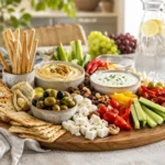 Snackboard herzhaft mit Crackern, Gemüse, Käse, Dips, Oliven und Antipasti für Gäste und Party
