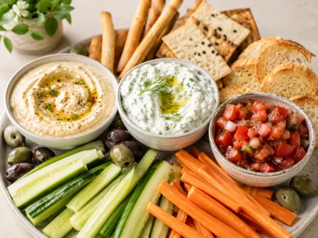 Herzhafte Dips für Snackboard mit Hummus, Kräuterquark, Tomatensalsa und Gemüsesticks