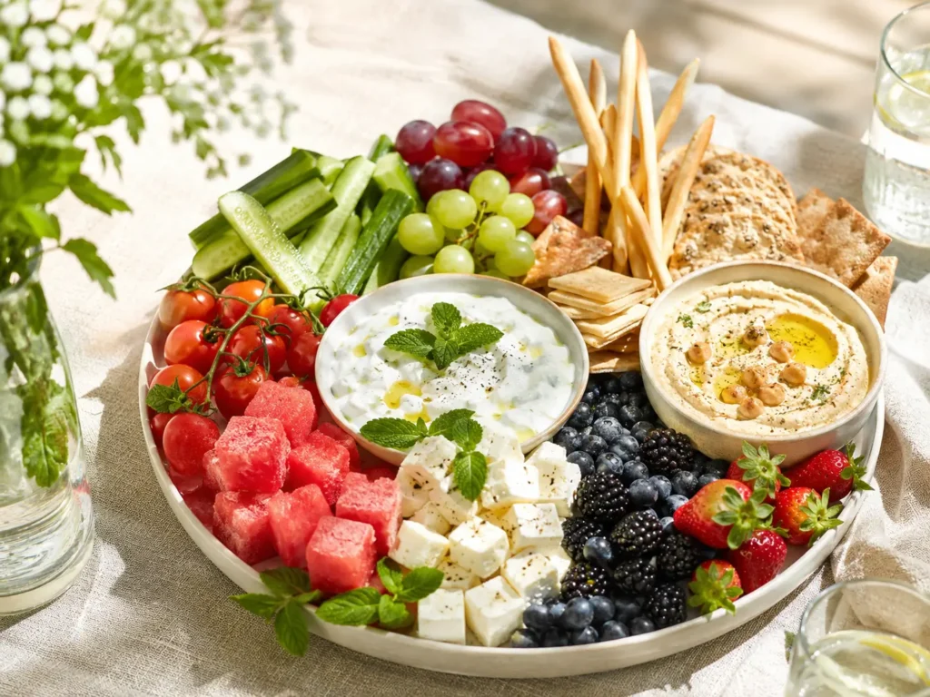 Sommerliches Snackboard herzhaft mit Gurken, Tomaten, Melone, Feta, Minze, Dips und Grissini