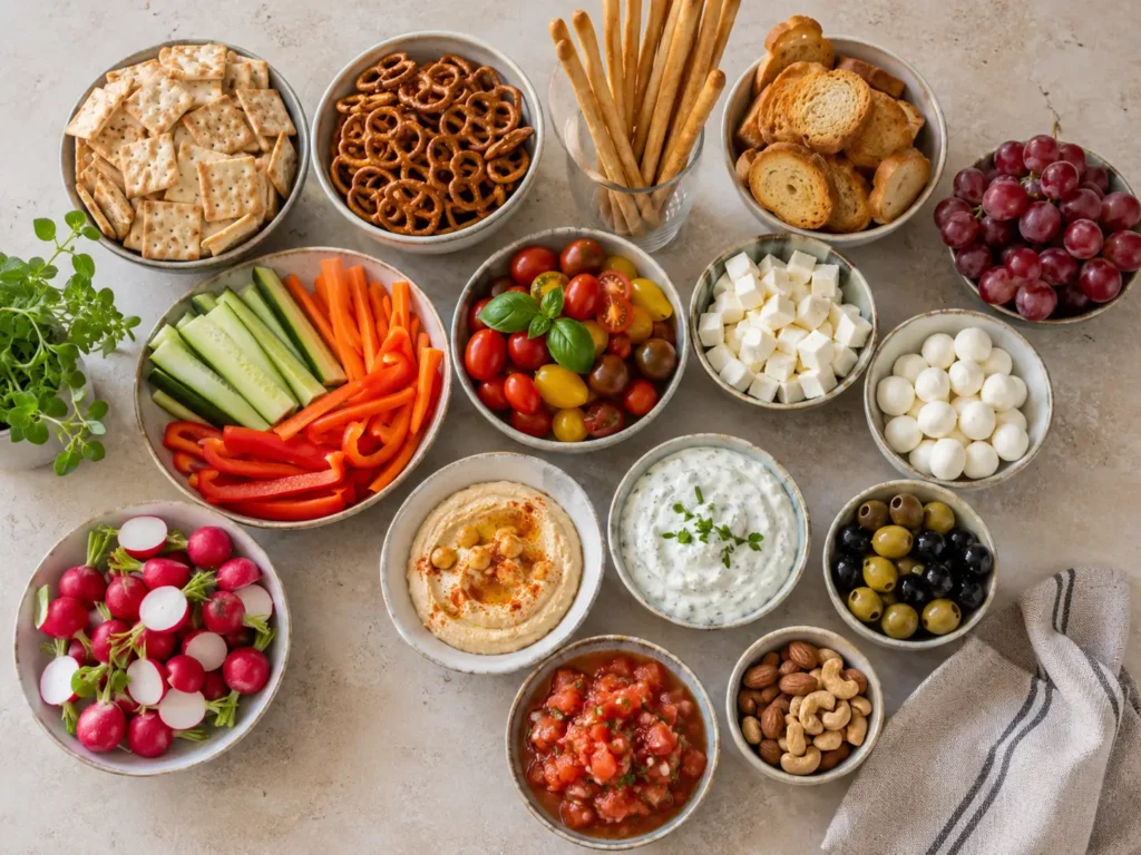 Zutaten für ein herzhaftes Snackboard mit Crackern, Gemüse, Käse, Oliven, Trauben und Dips
