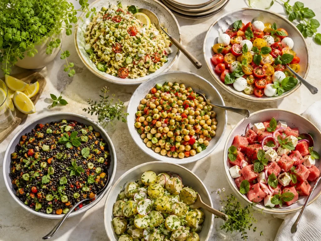 Sommerliche Salate fürs Gartenparty Buffet mit Couscous Salat, Tomaten Mozzarella, Kichererbsensalat und Melonensalat mit Feta